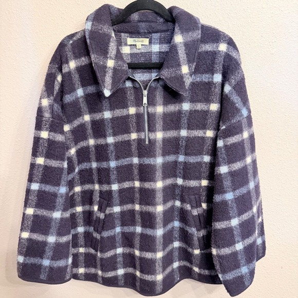 Madewell Jackets & Blazers - Madewell Women XL Navy Blue Plaid Quarter Zip Pullover Fleece Jacket